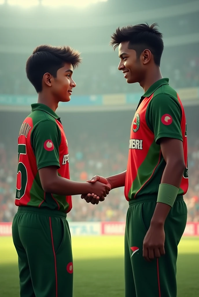 a teanage boy wearing Bangladesh cricket team jersey name Hridoy number 75 showing his back and hand shake with Sakib al Hasan.