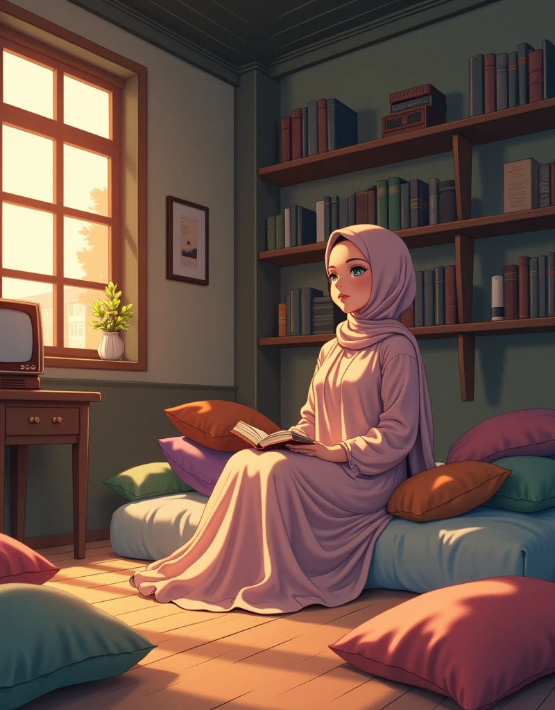 aanime  hijabi girl wearing loose full  dress and   sitting on mattres different clrs pillow are present everywhere   flat chest appears, tv , little table a book on her hand   a wide range room in old style , pen and books on shelf of her back side, and window old vibes room looking on book and empty table on her left side evening theme