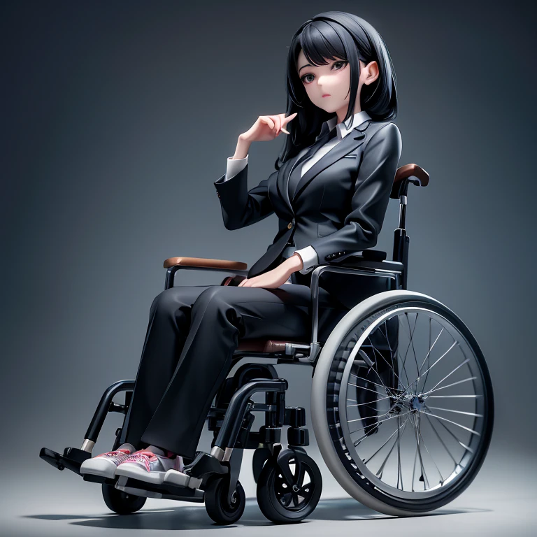 Adult sister、Black Hair,、In a suit、pants、wheelchair