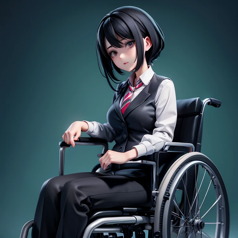 Adult sister、Black Hair,、In a suit、pants、wheelchair