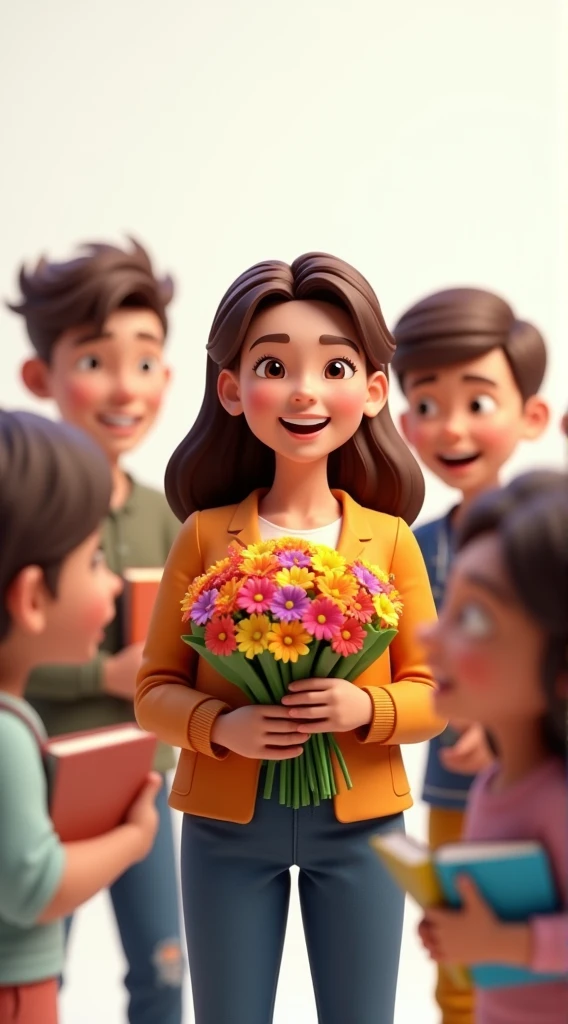 3D, teacher, warm atmosphere, teacher holding flowers and smiling, surrounded by students holding books and smiling, overall warm and happy atmosphere, white background