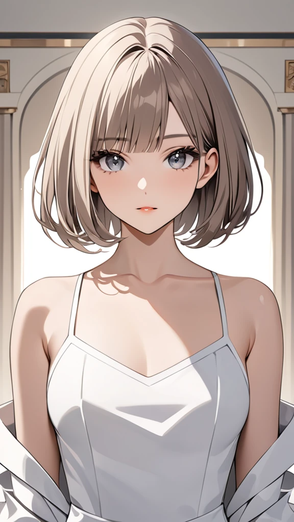Highest quality　masterpiece　High resolution　masterpiece　Brown white Bob　　Grey Eyes　blunt cut Front View Front hair 