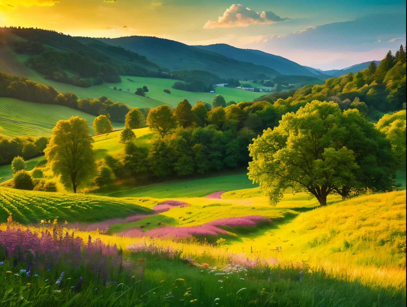 a beautiful green field,lush green meadow,green rolling hills,serene tranquil landscape,scenic countryside,golden sunlight,dramatic lighting,vibrant colors,realistic 4k,photorealistic,masterpiece,digital painting