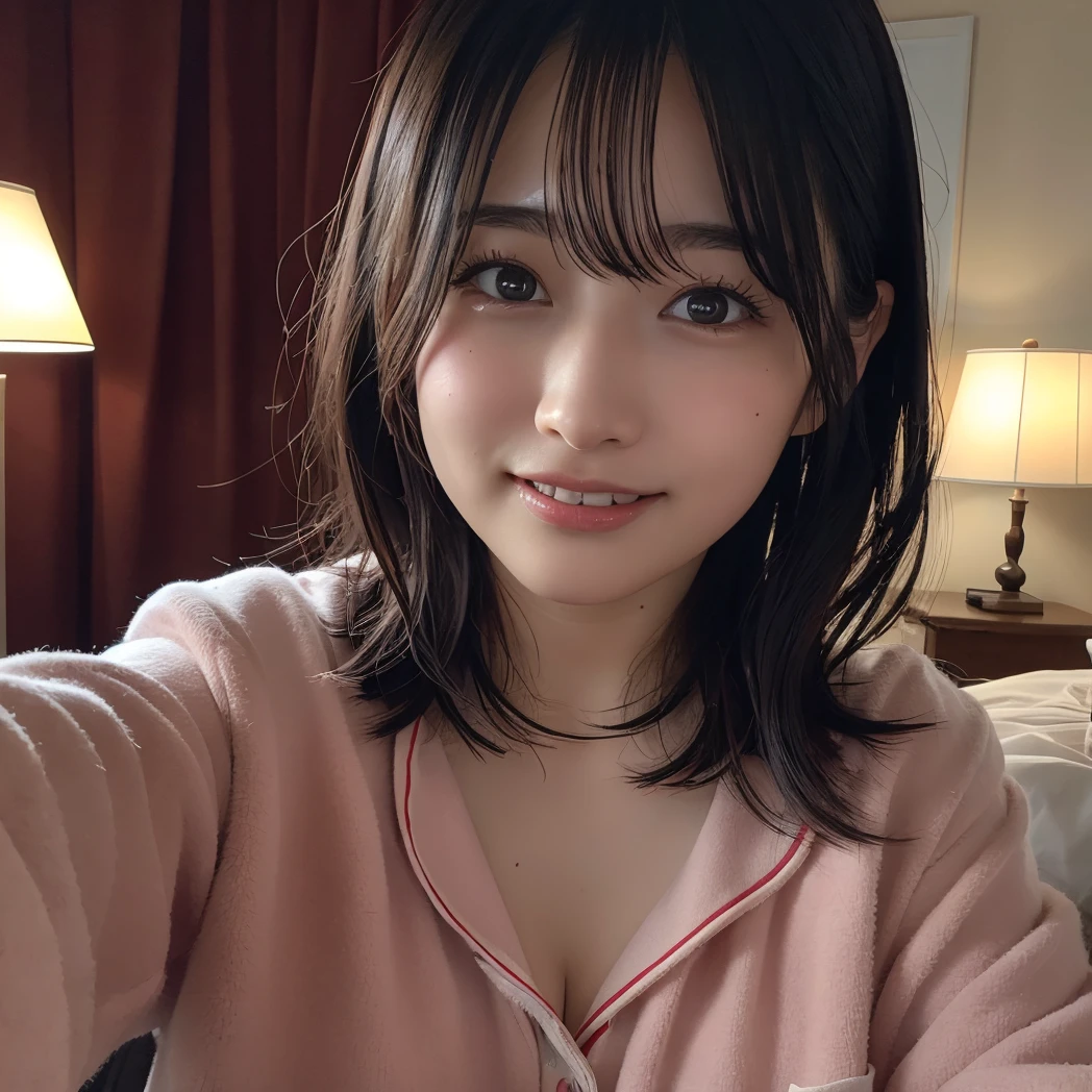 (8k, RAW Photos, Highest quality, High resolution: 1.1), (ultra Realistic: 1.4), (Realistic, Realistic: 1.3), The Beauty of Japan, pajamas, ((Upper Body: 1.3)) High resolution, Realistic image of a Japanese woman with short hair, She has big breasts and red cheeks, Take a look at it, smile She looks at it, smile, While taking a selfie. Her smartphone is close to her face. She appears to be live streaming from her home.., Spread out on the bed, Put a blanket over your chest.Embarrassed face