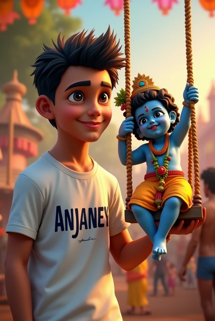 Celebrate janmastmi by boy
Anjaney written on his tshirt
boy age 20 A statue of little krishna on swing
his hair like virat kohli