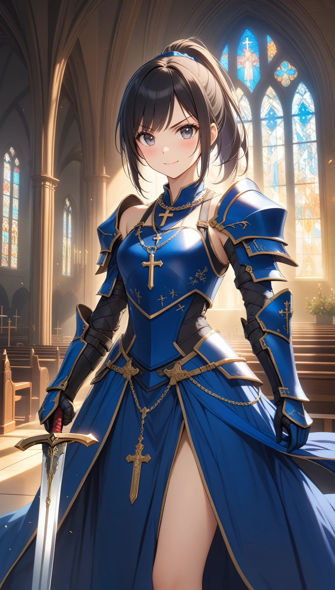 1girl, solo, breasts, looking at viewer, blush, smile, bangs, black hair, dress, bow, holding, jewelry, closed mouth, standing, collarbone, ponytail, weapon, small breasts, sword, indoors, necklace, holding weapon, armor, v-shaped eyebrows, grey eyes, window, blue dress, holding sword, cross, shoulder armor, gauntlets, breastplate, armored dress, cross necklace, church, ((32k)), ((best quality)), ((ultra high res)), ((HDR)), ((UHD)), ((extremely detailed CG)), ((unity 32k wallpaper)),