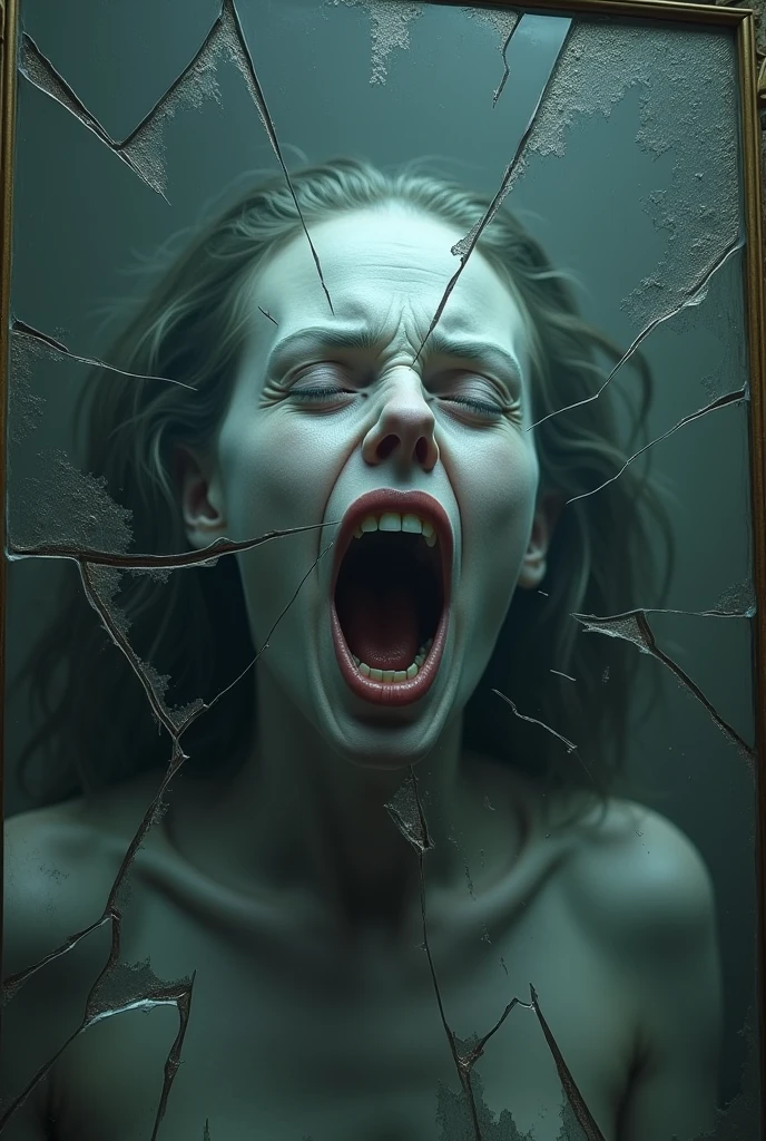 A ghostly white face screaming soundlessly in a broken mirror.The fragility and fragmentation of the mirror reflect the silent anguish of the phantom visage.