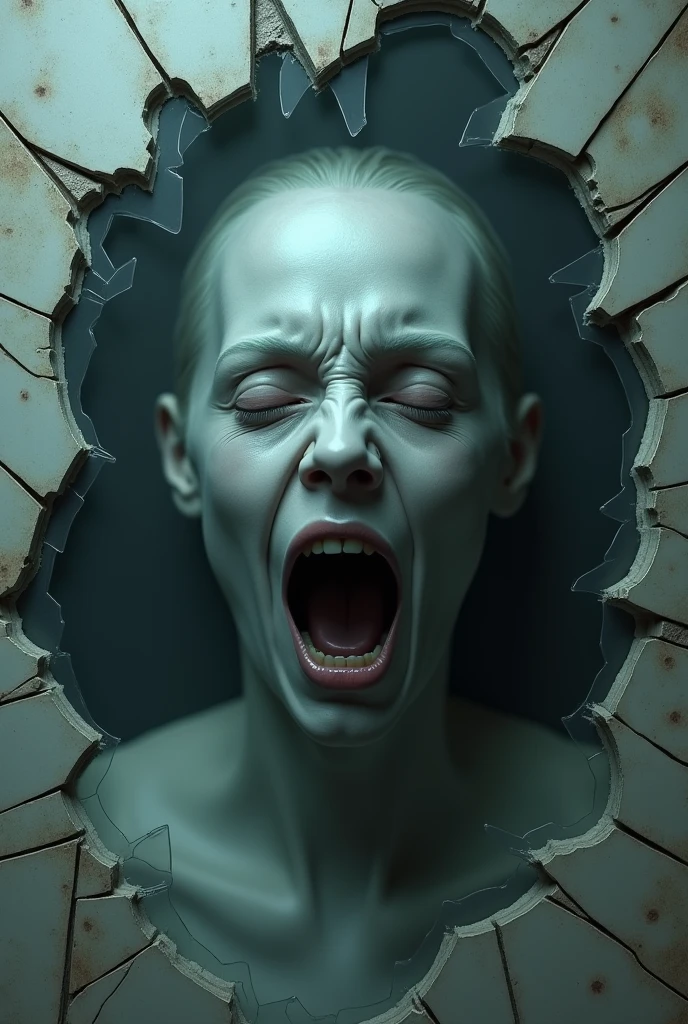 A ghostly white face screaming soundlessly in a broken mirror.The fragility and fragmentation of the mirror reflect the silent anguish of the phantom visage.