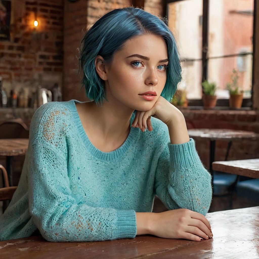 (Best quality), ((artistic realization)), (ultra detailed), Woman 20 Years Old Nordic Ethnicity, Short blue hair with a perfect face and light freckles, Blue-Green Eyes, masterpiece, very delicate and beautiful, highly detailed, 8k, amazing, attention to detail, (masterpiece, best quality:1.2),Photorealistic, Studio photo, sexy woman in jeans and sweater, drinking coffee, one leg crossed over the other, She is contemplating divorce from her husband, wide open legs, On the table, In the background, there are brick walls and vaults of a cozy, small, cramped café in Buenos Aires adorned with two painting,There is one candle in a glass holder, with evening light streaming in through the window. (ultra detailed), ((photorealistic)), ((Color palette - turquoise, neon green, yellow shades))