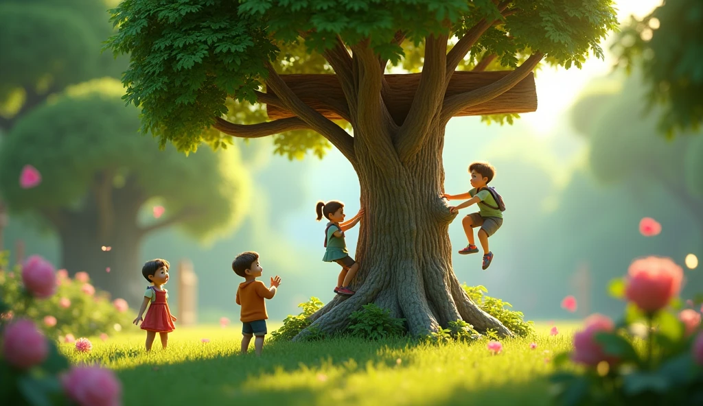 Create an animated image for alphabet T and an talking tree and children playing on trees with animation 3D