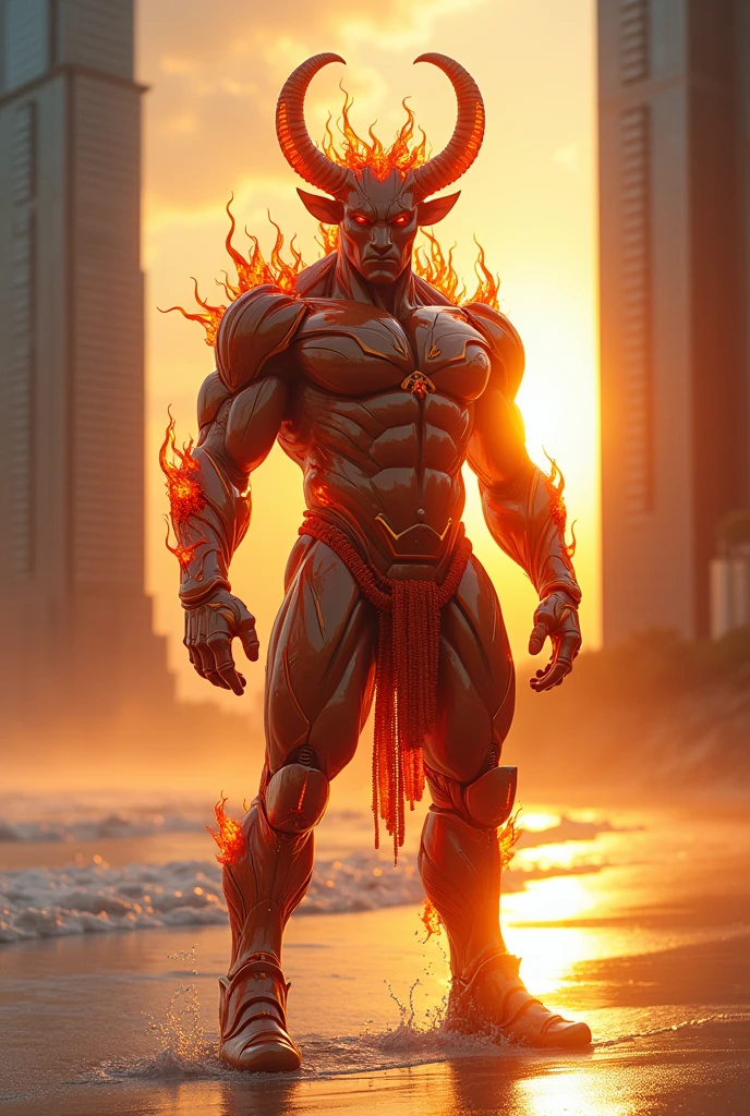 Fire buffalo male character with glassy cyborg costume standing between sky scrappers in beach with amazing sunshine at sunrise 