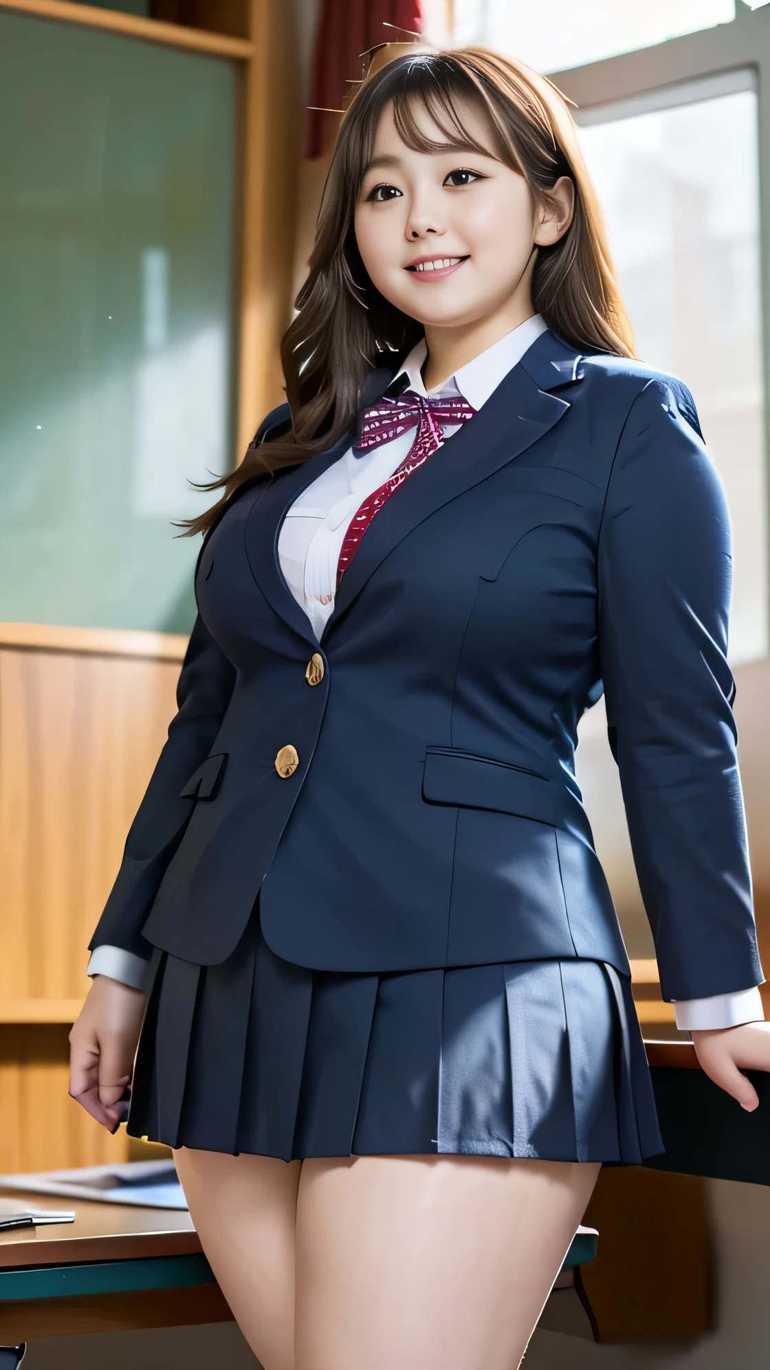 ((8k)), Highest quality, 超High resolution, (High resolution), ((Chubby woman)), Japanese, Double chin, Overweight, Very fat, ((Chubby)), Sit on a desk, in the classroom, suit, ((school uniform)), skirt, (from below:1.3), (looking down, watching at Viewer:1.3)