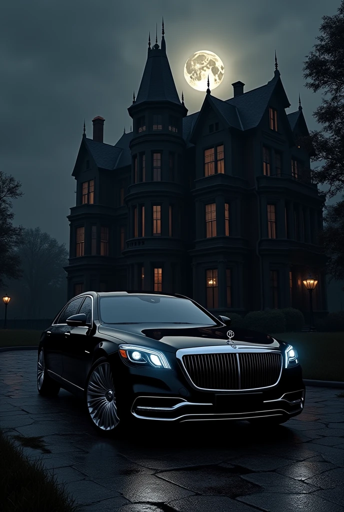 Black maybach at night withbig black mansion  and mafia vibe 