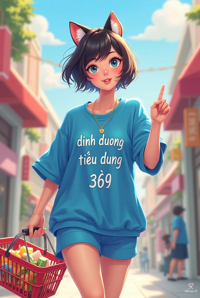 Tạo cho tôi hình ảnh 1 cô gái tóc ngắn tay cầm giỏ mua sắm, cô ấy mặc trang phục trẻ trung màu xanh dương, trên trang phục có dòng chữ "dinh duong tieu dung 369 " , khuôn mặt của cô ấy là khuôn mặt của một chú mèo dễ thương