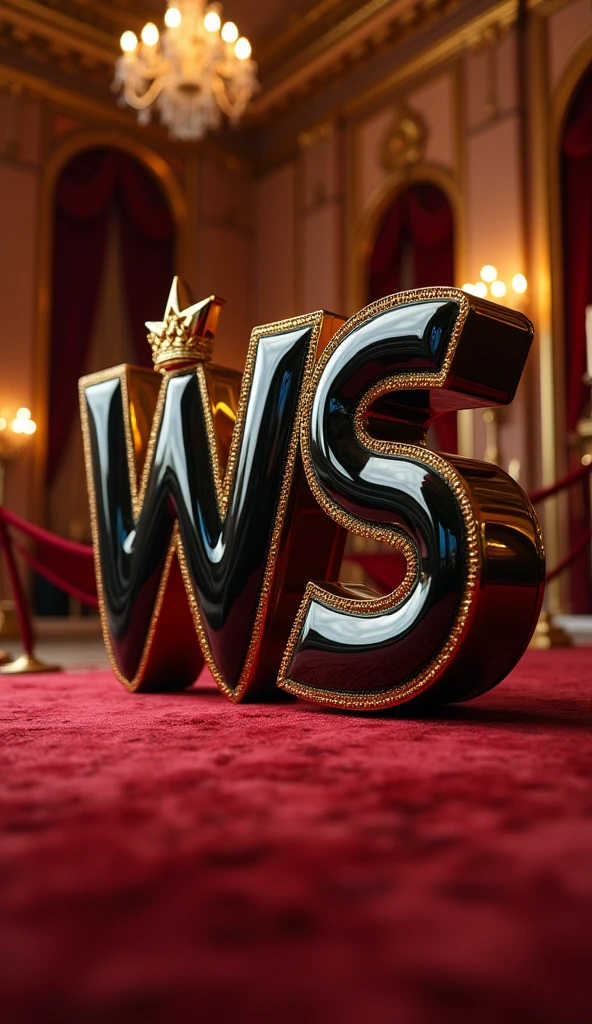 3D writing logo "ws" in glossy black gold colored glass.There is text "PUSHLIKE FAMILY" with gold 3D font.high quality luxury crown star logo and details.background of luxury royal room red carpet party HD photography