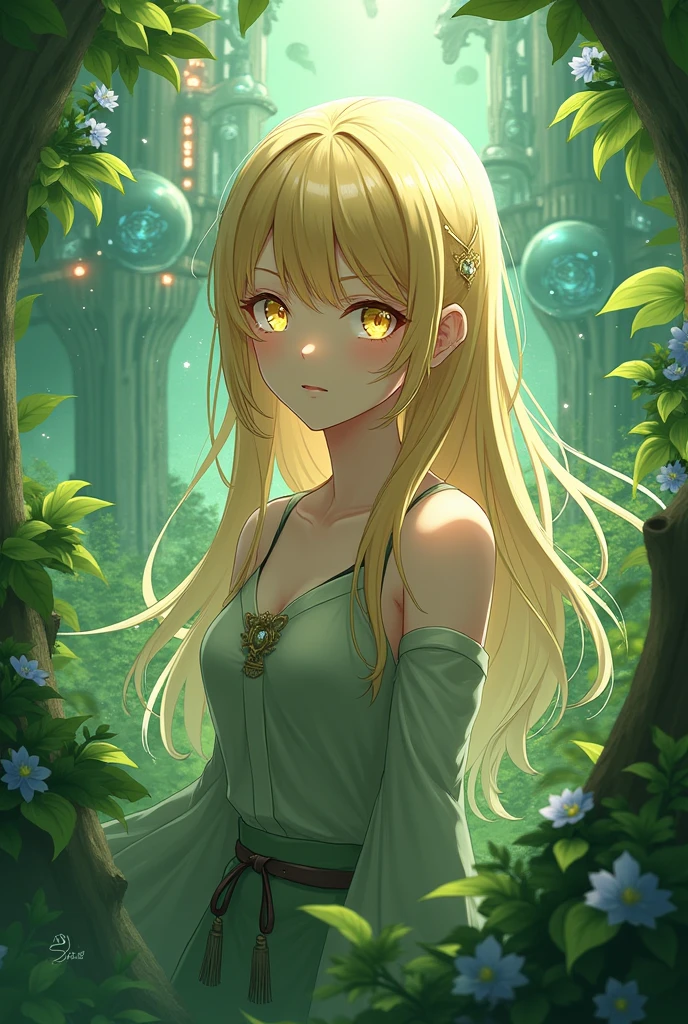 A scene featuring a female character with blonde hair and intense golden eyes and greenery all around her. The background is a mix of light and inventions . Attention to detail and anime style.