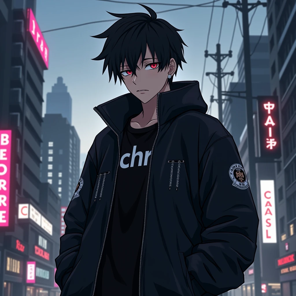 boy anime wearing black aesthetic jacket outfit with a text "Chro" on his jacket, with early city background