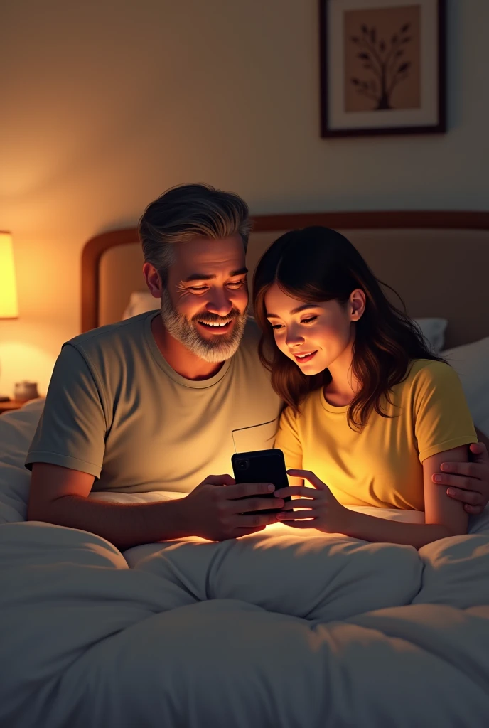 Dad and 19 years daughter are sitting on the bed of the room with mobile in dad hand