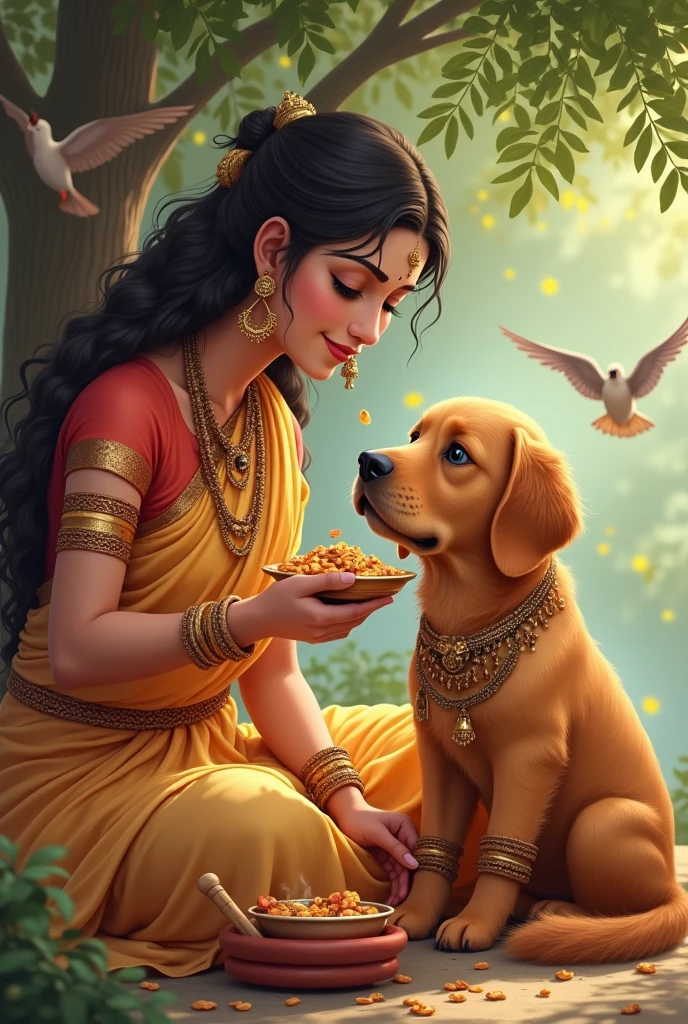 Devaki feeding to Lord Krishna in his childhood. Here Krishna is depicted as a golden retriever dog, the dog's color is brown but not completely dark brown. The dog will be little brown. Devaki will be feeding him, A flute will be present next to the dog. In the background there will be a tree and some birds. Dog will be decorated like Lord Krishna and the dog will be wearing Indian traditional dress. Both dog and devaki face is clearly visible and both are looking front. 