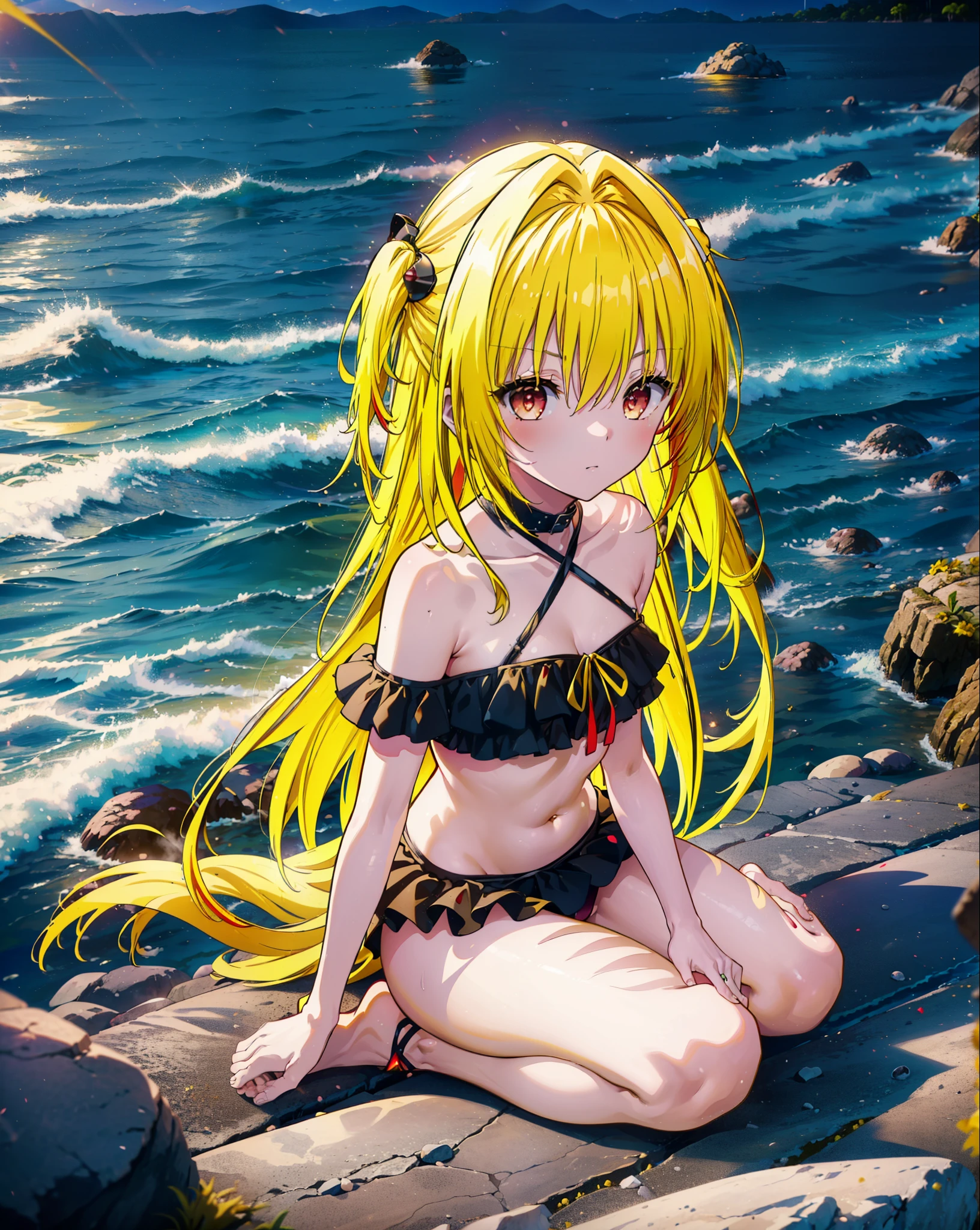 toloverumy, my, (Yellow Hair:1.5), Long Hair, (Red eyes:1.5), (hair ornaments:1.2), Both sides up, Black frilly bikini swimsuit,,barefoot,Sitting on a big rock,Rocky area,night,moonlight,meteor,whole bodyがイラストに入るように,
break outdoors, Beach,
break looking at viewer, whole body,
break (masterpiece:1.2), Highest quality, High resolution, unity 8k wallpaper, (figure:0.8), (Beautiful attention to detail:1.6), Highly detailed face, Perfect lighting, Highly detailed CG, (Perfect hands, Perfect Anatomy),