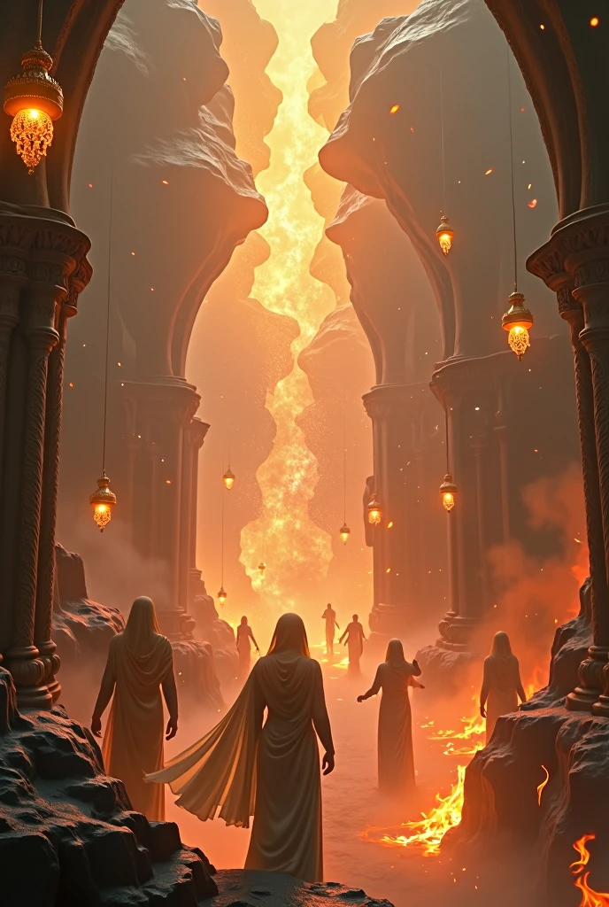 a beautiful detailed fantasy scene of the nearest heaven adorned with radiant lamps, the lamps used as missiles to drive away the Shayatin, the torment of the blazing Fire, intricate ethereal architecture, glowing angelic beings, dramatic lighting, vibrant colors, highly detailed, cinematic, masterpiece