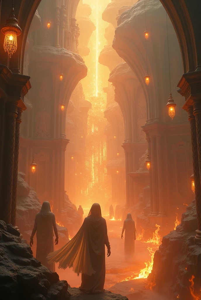 a beautiful detailed fantasy scene of the nearest heaven adorned with radiant lamps, the lamps used as missiles to drive away the Shayatin, the torment of the blazing Fire, intricate ethereal architecture, glowing angelic beings, dramatic lighting, vibrant colors, highly detailed, cinematic, masterpiece
