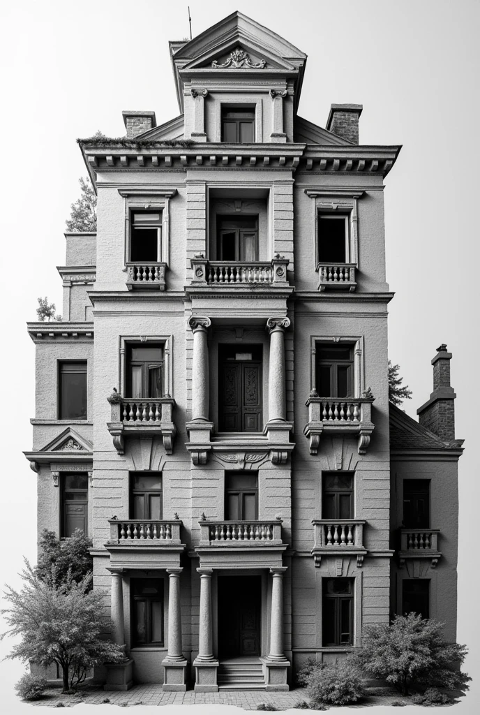 Make a black and white collage made out of pieces of exterior buildings from all over the world. The whole collage should look like a shape of one building. Make it look like different papers are cut out and pasted