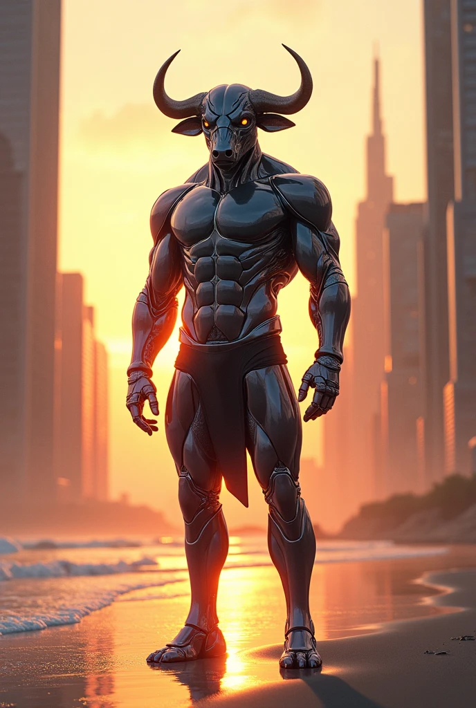 buffalo male character with glassy cyborg costume standing between sky scrappers in beach with amazing sunshine at sunrise 