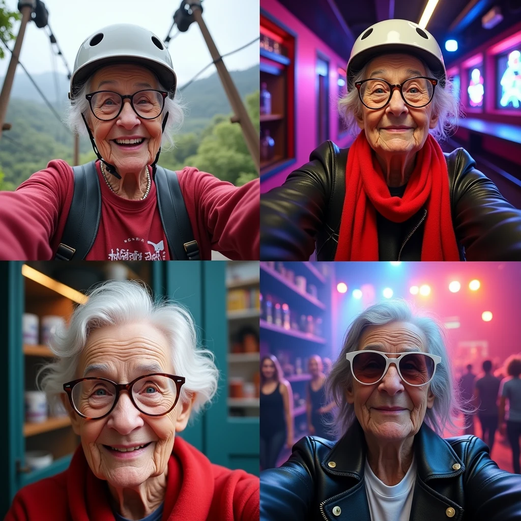 A photorealistic composite image features four selfies of the same grandmother, each in a dramatically different setting:
Adventure Park Selfie: The grandmother, identifiable by her distinctive round glasses, wears a harness and helmet while smiling enthusiastically in front of an adventure park. The backdrop shows high ropes and zip lines.
Underground Nightclub Selfie: She poses with a bold red scarf and stylish sunglasses outside a neon-lit nightclub. Her glamorous outfit contrasts with the vibrant nightlife setting.
Adult Toy Store Selfie: The grandmother, with her silver hair neatly styled and a playful expression, stands in front of an adult toy store. The store’s quirky window displays add a humorous touch.
Heavy Metal Festival Selfie: At a heavy metal festival, she sports a band t-shirt and a leather jacket with her signature round glasses. The stage lights and leather-clad fans highlight the intense festival atmosphere.
This composite ensures the grandmother’s recognizable features—like her round glasses and silver hair—are prominent, emphasizing her playful spirit across varied and unexpected scenarios.