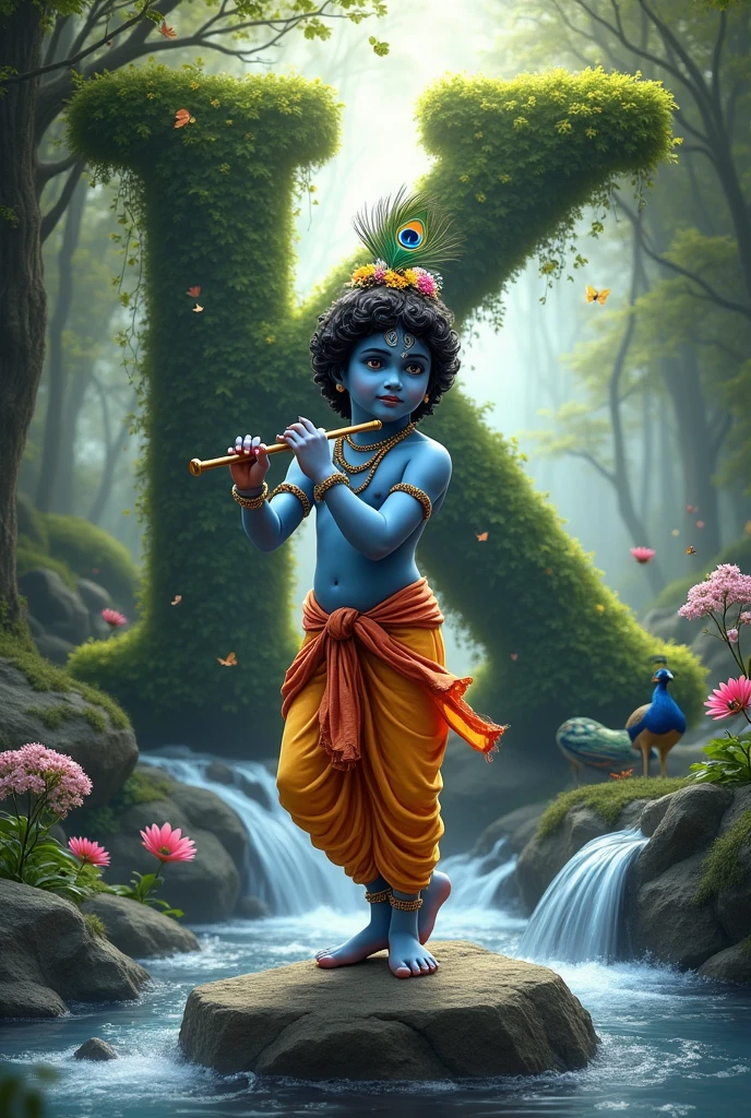 Create a serene, ethereal scene featuring a young Lord Krishna playing the flute. He is depicted as a child with dark blue skin, wearing traditional attire in shades of blue and orange, adorned with a peacock feather on his head. He stands on a rock, surrounded by flowing water and lush greenery, with vines and flowers cascading from a large, moss-covered letter 'K' in the background not bulerd. A vibrant peacock with its feathers spread out gracefully complements the scene. The environment is peaceful, with soft light, fluttering butterflies, and an overall divine ambiance