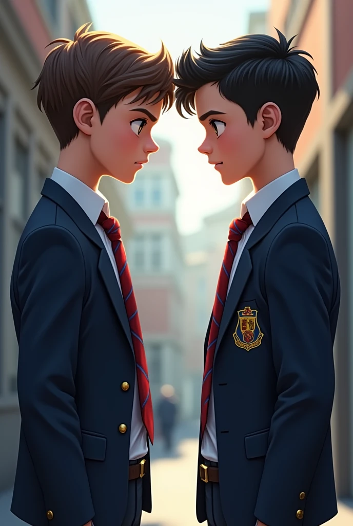image of 2 boys in their school uniform white long sleeves with red and blue striped neck tie and dark blue blazer. one on the right has short gelled up black hair, brown eye, chiseled jaw and diamond shaped face well build, a height of 6'1 feet and has olive skin tone, he's italian-german. the other one on the right has mid length wavy brown hair, hazel eye, soft chiseled heart shape face, a height of 5'10 feet, he's italian and has light olive skin. both of them on side view looking at each other angrily.
