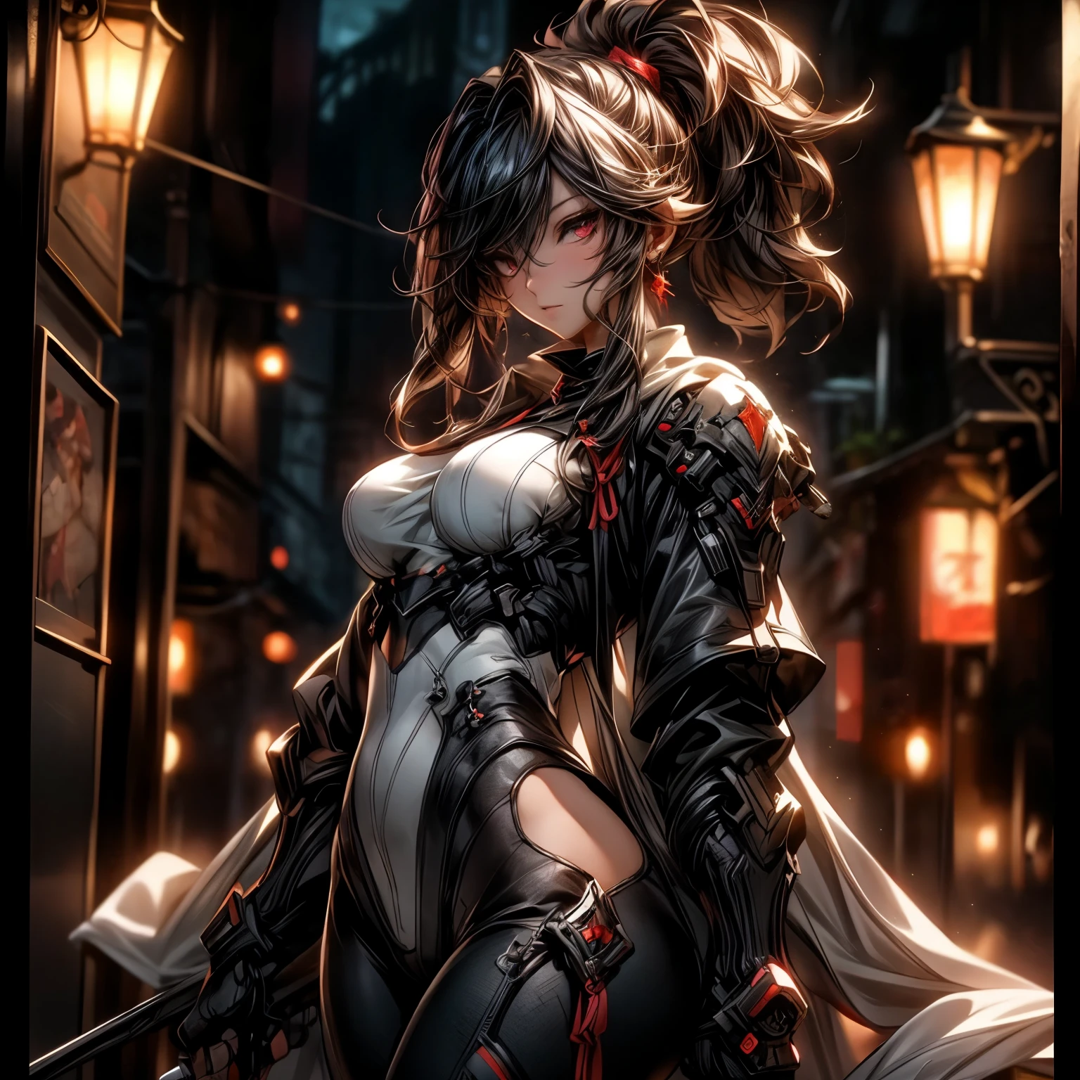 (best quality)), ((Masterpiece)), (details:1.4), 3d, HDR (high dynamic range), an image of a beautiful cyberpunk female, Hips up, Fantasy, ฺสนืกำ hair, High ponytail, beautiful Red eyes, จมูกโด่ง, ปากแดง, หน้าอกใหญ่, nvidia RTX, PBR surface, After processing, Anisotropic filtration,depth of field, Maximum clarity and clarity, multi-layered surface, Subsurface scattering, perfect proportions, 8K raw files, ultra detailed, Perfect proportions, volumetric lighting, soft lighting, Knights Templar, Heavy Red Armor, glossy skin, Castle background, jewely, ต่างหู, นิ้วมือสมบูรณ์,