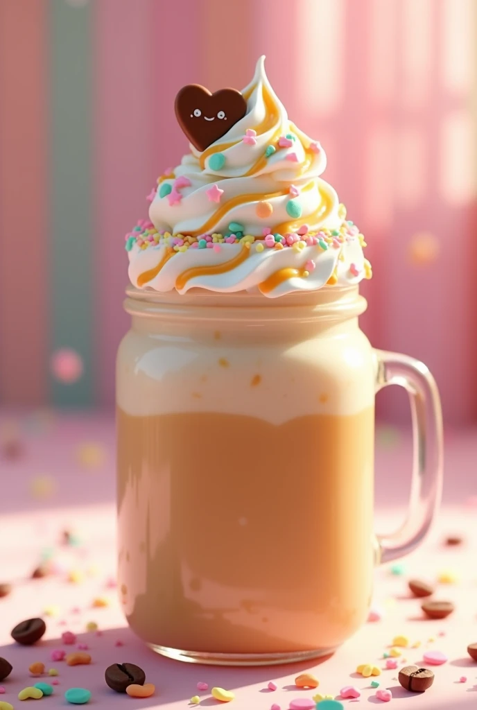 [ultra-realistic 4K rendering, close-up shot, kawaii cupcake-inspired gourmet drink, Instagram-worthy] A single, irresistibly cute caramel hazelnut coffee drink served in an adorable pastel-colored mason jar with a kawaii cupcake vibe. The drink features whimsical swirls of caramel and hazelnut syrup, blended with creamy milk and rich coffee. Topped with a playful, oversized swirl of whipped cream, adorned with pastel sprinkles, mini caramel drizzles, and a tiny, edible candy heart, this drink is as delightful to look at as it is to drink. The whipped cream is crowned with a small, kawaii-style chocolate piece shaped like a smiling face, adding an extra touch of charm. The jar itself is decorated with cute little bows and pastel stars, enhancing the overall kawaii aesthetic. The background is a soft, dreamy blur of pastel colors, with a few scattered candy sprinkles and coffee beans, all captured in ultra-sharp 4K resolution. The scene is bathed in gentle, warm light, highlighting the drink's sweetness and making it the ultimate Instagram-worthy post with an irresistibly kawaii charm.
