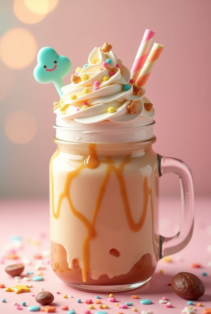 [ultra-realistic 4K rendering, close-up shot, kawaii cupcake-inspired gourmet drink, Instagram-worthy] A single, irresistibly cute caramel hazelnut coffee drink served in an adorable pastel-colored mason jar with a kawaii cupcake vibe. The drink features whimsical swirls of caramel and hazelnut syrup, blended with creamy milk and rich coffee. Topped with a playful, oversized swirl of whipped cream, adorned with pastel sprinkles, mini caramel drizzles, and a tiny, edible candy heart, this drink is as delightful to look at as it is to drink. The whipped cream is crowned with a small, kawaii-style chocolate piece shaped like a smiling face, adding an extra touch of charm. The jar itself is decorated with cute little bows and pastel stars, enhancing the overall kawaii aesthetic. The background is a soft, dreamy blur of pastel colors, with a few scattered candy sprinkles and coffee beans, all captured in ultra-sharp 4K resolution. The scene is bathed in gentle, warm light, highlighting the drink's sweetness and making it the ultimate Instagram-worthy post with an irresistibly kawaii charm.
