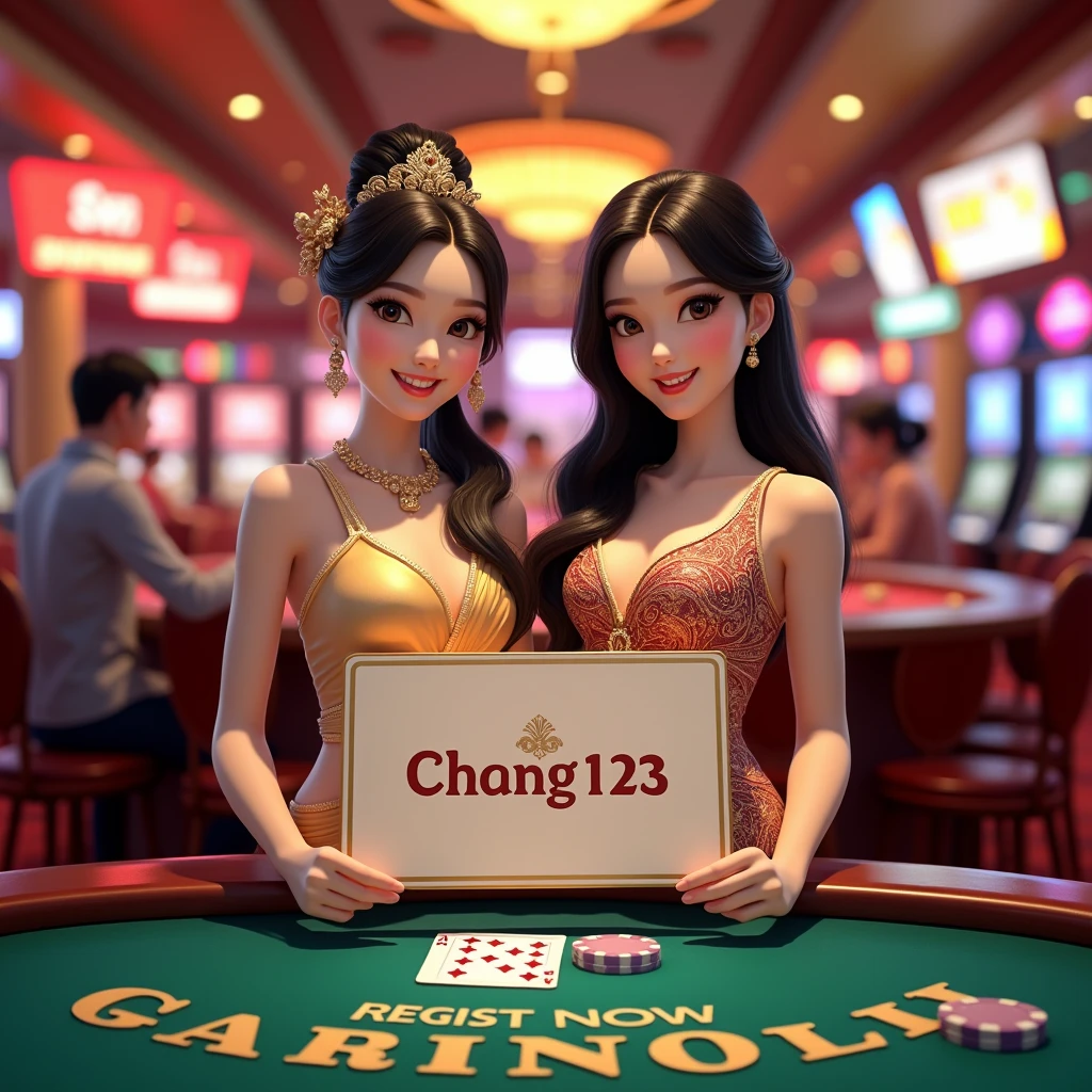 PG SLOT >> [chang123th.featuring] Direct web, upper body, two beautiful Thai women holding a sign "CHANG123 REGIST NOW" Cheerful, Happy, Casino Background, Thai Dress, Real Cartoon Pixar, Broken Chest, Standing Behind Poker Table, White Skin , simplemix, AbsoluteRealthailandwomen, ELEGANT WOMEN, guofeng