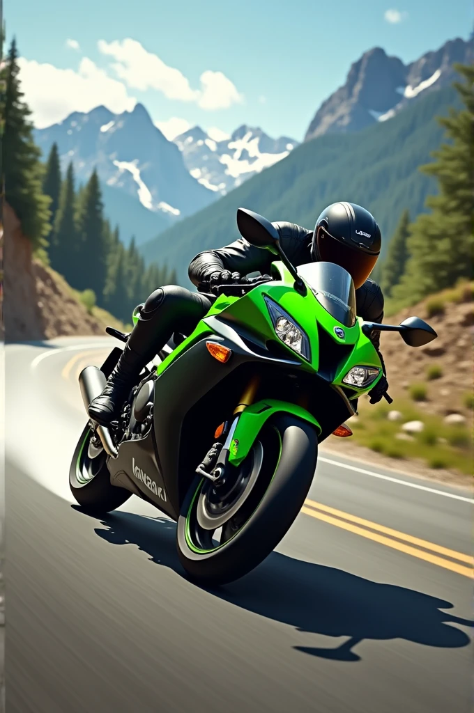 Draw a rider riding Kawasaki ninja zx10r in full speed