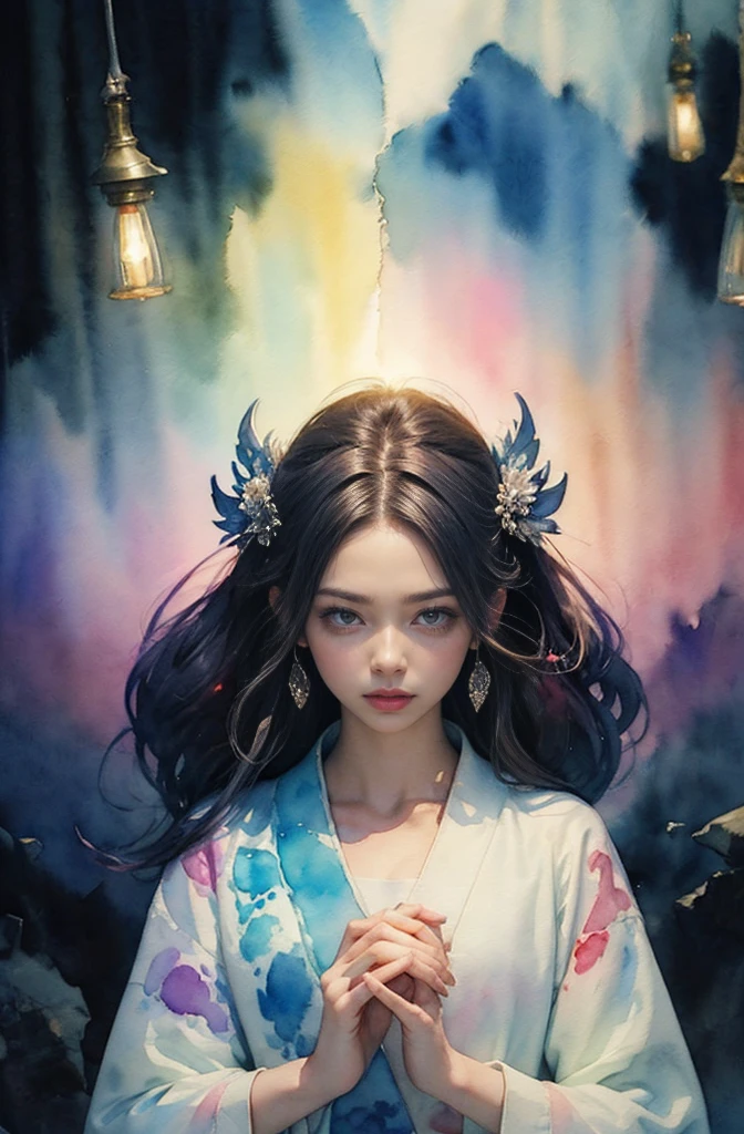 (Tabletop, Highest qualityの, Highest quality, Official Art, (beautifully、aesthetic:1.4), (Watercolor:1.4) ), (Izanami 1.5), 日本のgod話の女god, Majestic beauty, 創造の女god、生命の女god、Typically、((((Typically))))、Reincarnation Support, god&#39;Grace, Gentle and meditative expressions, Flowing, celestial garments, Shine、Created all the landscapes and worlds on Earth, A dazzling dance of light, Whispers of Ancient Legends