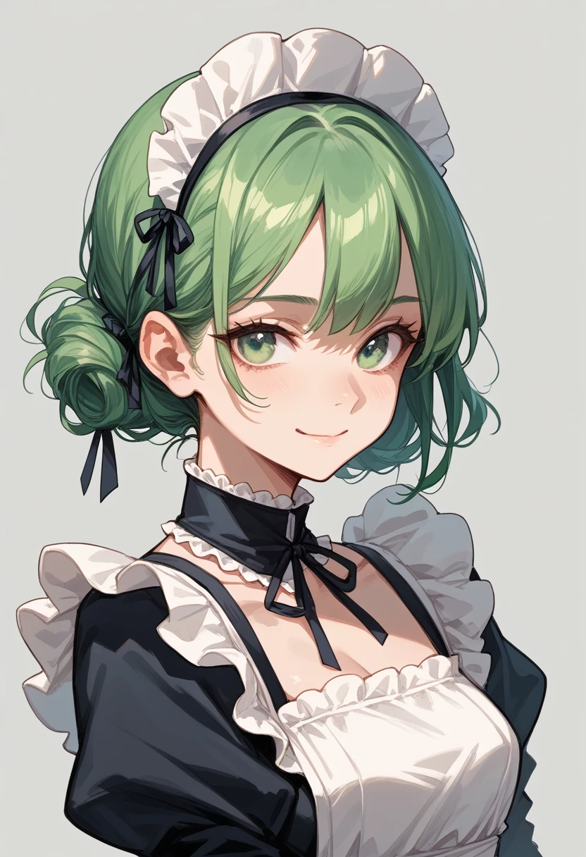 Maid Girl, green hair, green eyes, Haircut "square", Gray background, soft smile