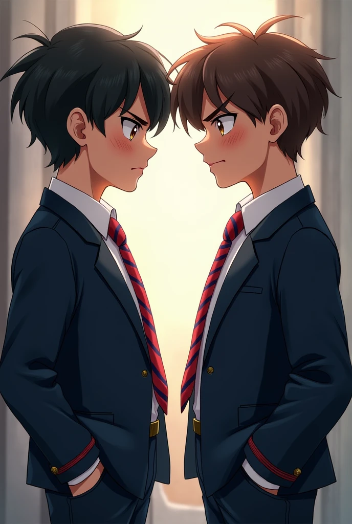 image of 2 boys in their school uniform white long sleeves with red and blue striped neck tie and dark blue blazer. one on the right has short gelled up black hair, brown eye, chiseled jaw and diamond shaped face well build, a height of 6'1 feet and has olive skin tone, he's italian-german. the other one on the right has mid length wavy brown hair, hazel eye, soft chiseled heart shape face, a height of 5'10 feet, he's italian and has light olive skin. both of them on side view looking at each other angrily.