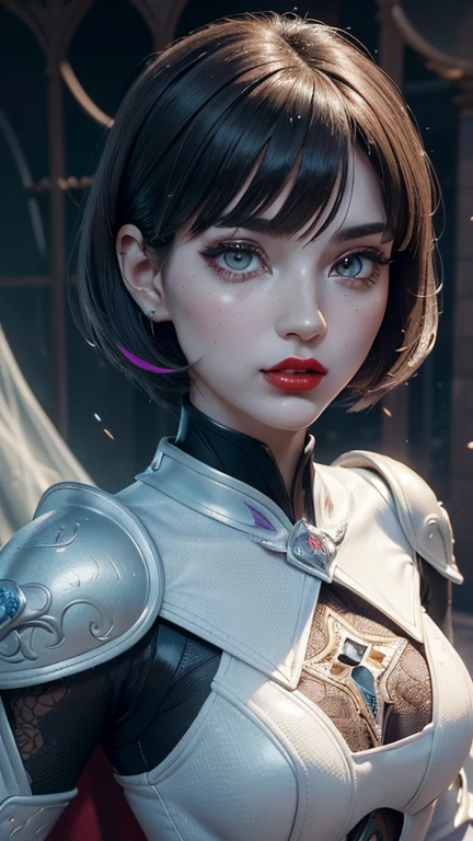 (Masterpiece) realistic bust to the below the pelves of a beauty hyperrealist & photorealist beauty young astonishing anime KNIGHT PRINCESS girl in highly & extremely detailed white futuristic combat plugsuit body with cape & scarf (masterpiece), magic & incantation glowing flying surrounded her, Unity 8k, pearly perfect WET skin with pores (short bob cut hair with colorful bangs fringes) ((perfect face shapes, complete perfect red lips, perfect nose, correct beautiful eyes, eyelashes, detailed intricate iris textured face in ZBrush)), full HD vines, midnight aura, BLOODBOURNE aesthetic STYLE, developed by Unreal Engine 5, Ultra Sharp Focus, Art by Alberto Seveso, Sci-Fi, vibrant & intricate Artwork, golden Ratio, epic, HR Giger STYLE