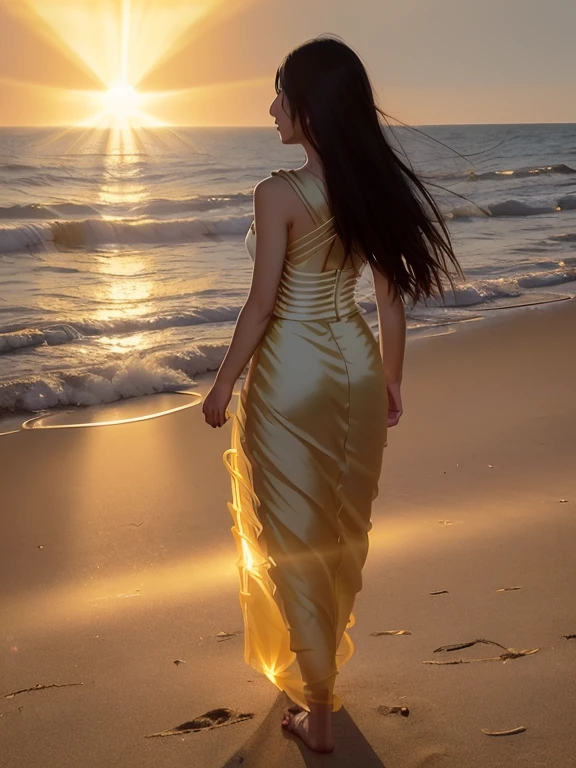 Japanese female, (underweight), (medium bust best quality:1.5), 30 years old, (cheerful grin:1.0), beach, walking, long hair, (evening dress), (beach), (Backlit:1.8), (full body shot), ground-level shot,