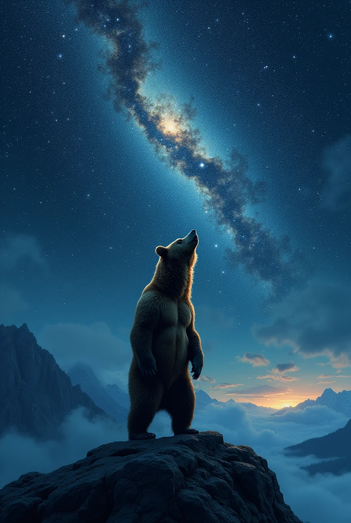 A brown bear gazes upward, standing on a mountain peak, with the night sky swirling with galaxies and constellations above it. The stars seem to reflect in the bear’s eyes, suggesting a deep connection between the animal and the cosmos