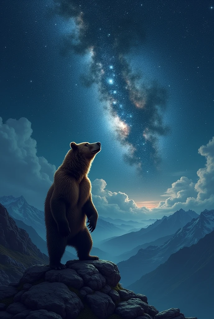 A brown bear gazes upward, standing on a mountain peak, with the night sky swirling with galaxies and constellations above it. The stars seem to reflect in the bear’s eyes, suggesting a deep connection between the animal and the cosmos