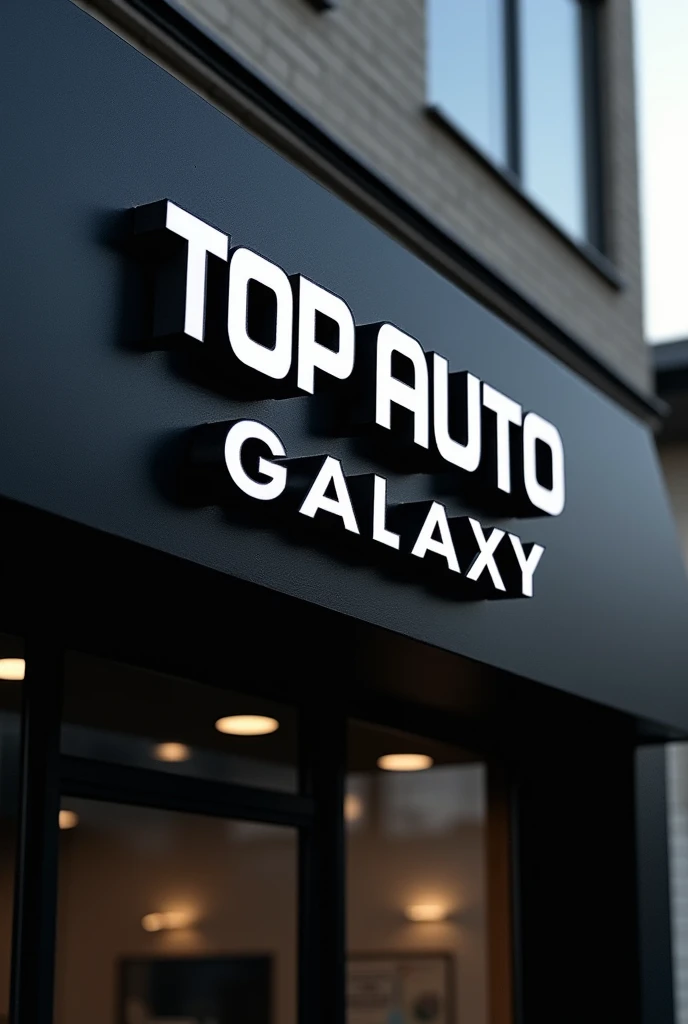 Make a sign board for my shop. The name is TOP AUTO GALAXY. The board should be black rafted ACP board and font should be white. This is an automotive spare parts shop so make a bike logo within these words only. Also, instead of making a full bike, you can add visor of a bike too