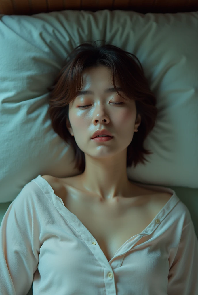 Browsing Caution:0.8、Brown Hair、short hair、Sleep habits、40s Japanese women、Beautiful Face、Front-opening pajamas、((No underwear on))、(((Sleeping)))、(Wearing different pajamas)、Boyish 1、Vibrant、((I can see your pants))、She is wearing long pants、((Clothes are disheveled))、((lack of sleep))、Pajamas are unbuttoned、Correct number of limbs、I took off my pants、((Delicate painting)),(Detailed RAW photos), (The pieces fly:1.25), (Highest quality:1.6), (Ultra-high resolution:1.5), 8k resolution,:1.6), Canon EOS R5, 50mm, Confused, Very detailed,Cinema Lighting、