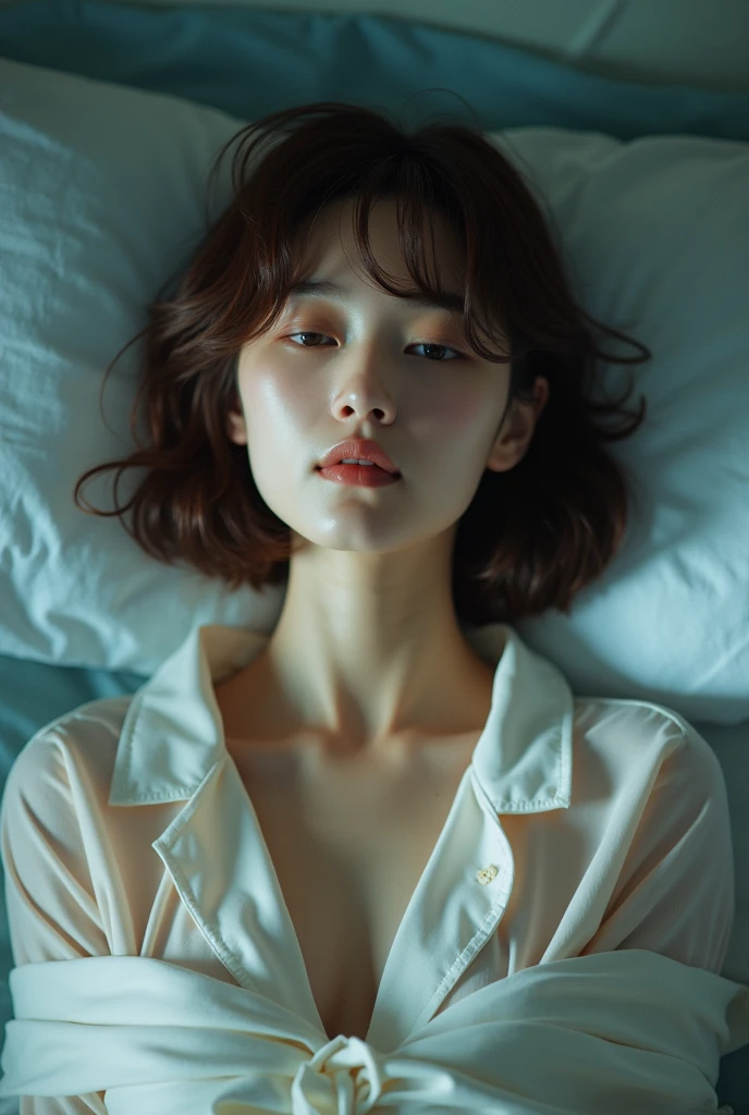 Browsing Caution:0.8、Brown Hair、short hair、Sleep habits、40s Japanese women、Beautiful Face、Front-opening pajamas、((No underwear on))、(((Sleeping)))、(Wearing different pajamas)、Boyish 1、Vibrant、((I can see your pants))、She is wearing long pants、((Clothes are disheveled))、((lack of sleep))、Pajamas are unbuttoned、Correct number of limbs、I took off my pants、((Delicate painting)),(Detailed RAW photos), (The pieces fly:1.25), (Highest quality:1.6), (Ultra-high resolution:1.5), 8k resolution,:1.6), Canon EOS R5, 50mm, Confused, Very detailed,Cinema Lighting、