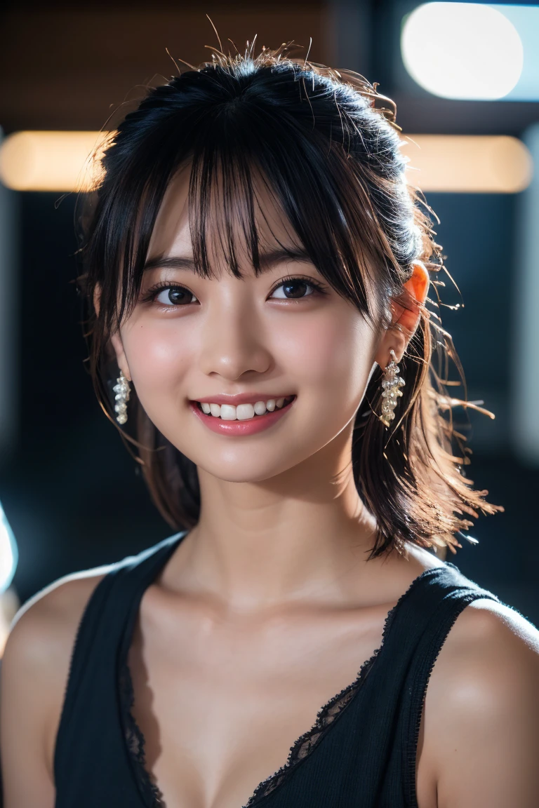 (8k, RAW Photos,Highest quality, High resolution:1.1), (Ultra-realistic:1.4),(Realistic:1.4), Realistic Face,Realistic Body,Realistic Skin,masterpiece,(cute:1.8), Japanese, ((White bra)), Upper Body, Fine black eyes,Innocent eyes,Cinema Lighting,Film Grain,jewelry,Earrings,((Medium Hair:1.1)),Cherry colored lips,Hair Ribbon,ponytail,Viewer,Long Hair,,Open your lips,Upper teeth, (Smiling Eyes:0.6),((Grin:1.3)),Blurred Background, Eye focus , Bokeh,young, 85mm lens, Photon Mapping,Radio City,
