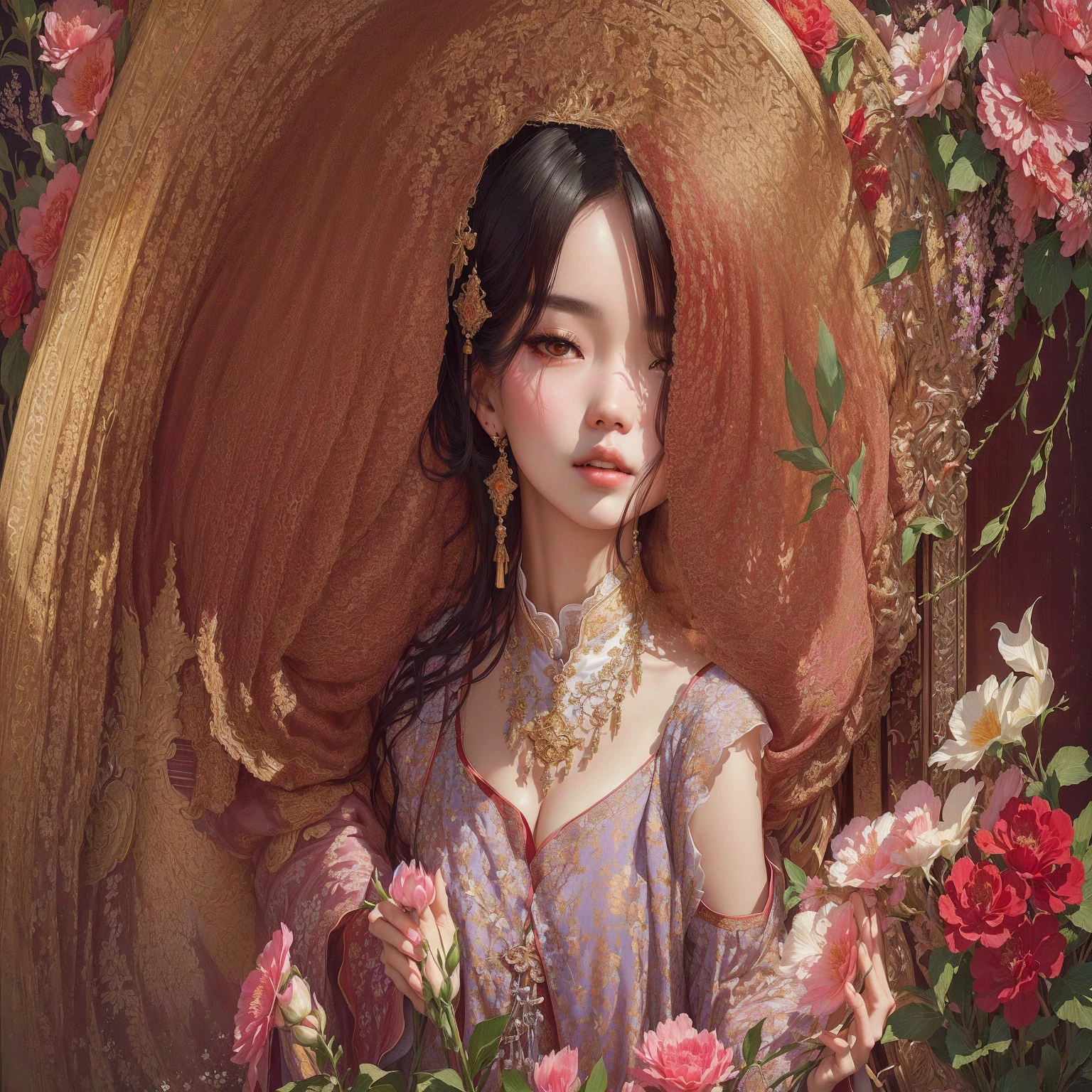 there is a woman sitting in a chair with flowers around her, palace ， a girl in hanfu, yanjun chengt, rococo queen, jinyoung shin, guweiz, beautiful portrait image, jingna zhang, # rococo, sha xi, 🌺 cgsociety, by Ye Xin, rococo style portrait, ethereal beauty, by Zhang Han
