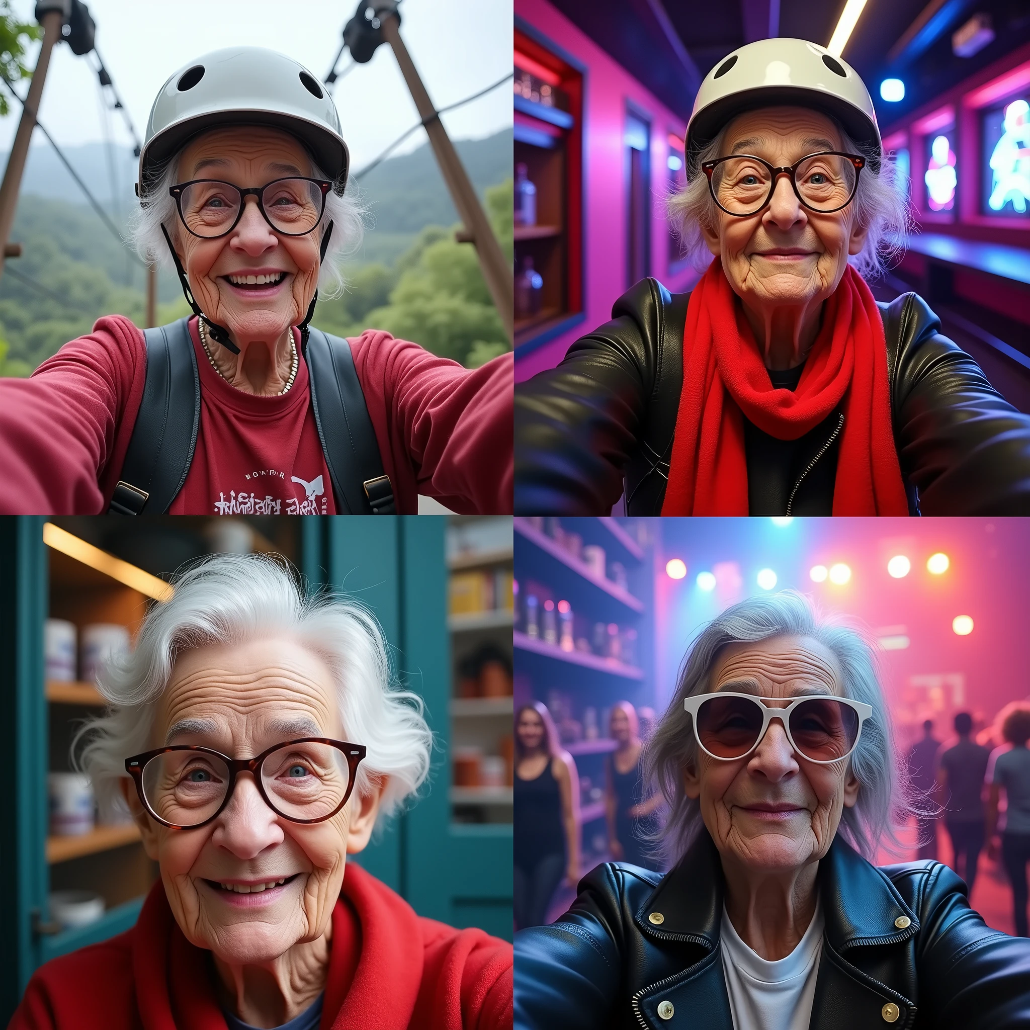 A photorealistic composite image features four selfies of the same grandmother, each in a dramatically different setting:
Adventure Park Selfie: The grandmother, identifiable by her distinctive round glasses, wears a harness and helmet while smiling enthusiastically in front of an adventure park. The backdrop shows high ropes and zip lines.
Underground Nightclub Selfie: She poses with a bold red scarf and stylish sunglasses outside a neon-lit nightclub. Her glamorous outfit contrasts with the vibrant nightlife setting.
Adult Toy Store Selfie: The grandmother, with her silver hair neatly styled and a playful expression, stands in front of an adult toy store. The store’s quirky window displays add a humorous touch.
Heavy Metal Festival Selfie: At a heavy metal festival, she sports a band t-shirt and a leather jacket with her signature round glasses. The stage lights and leather-clad fans highlight the intense festival atmosphere.
This composite ensures the grandmother’s recognizable features—like her round glasses and silver hair—are prominent, emphasizing her playful spirit across varied and unexpected scenarios.