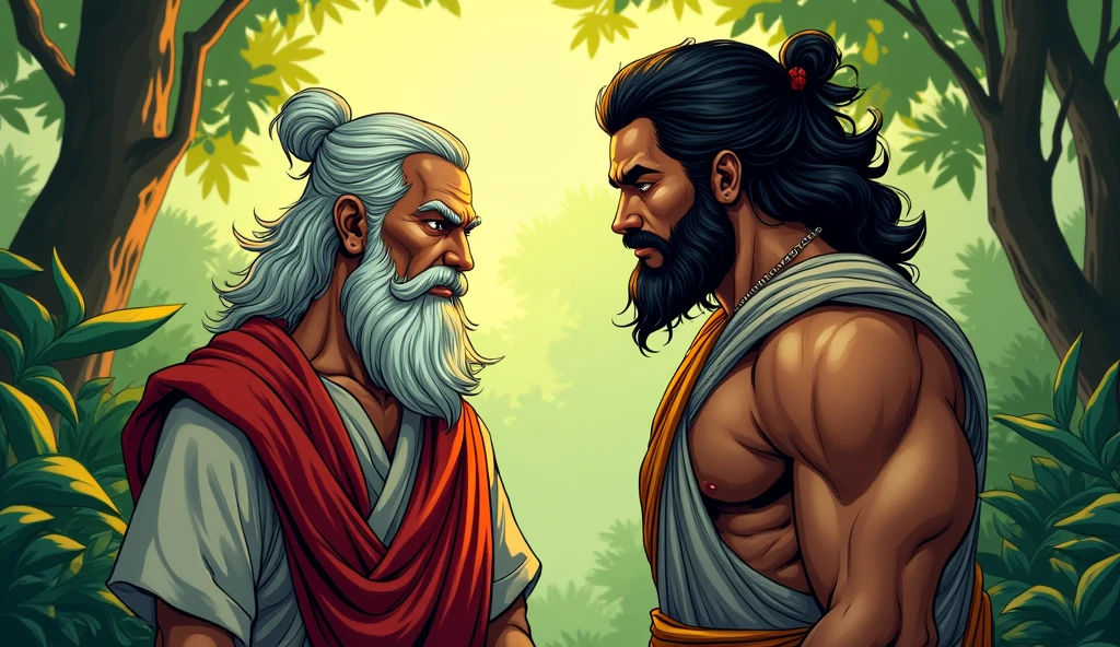 Sage Bhaskar listening intently: Create an image of Sage Bhaskar listening carefully to Arav a strong fighter, with a calm, wise expression. The setting should be the same peaceful forest, with vibrant green colors and warm lighting. In comic style 